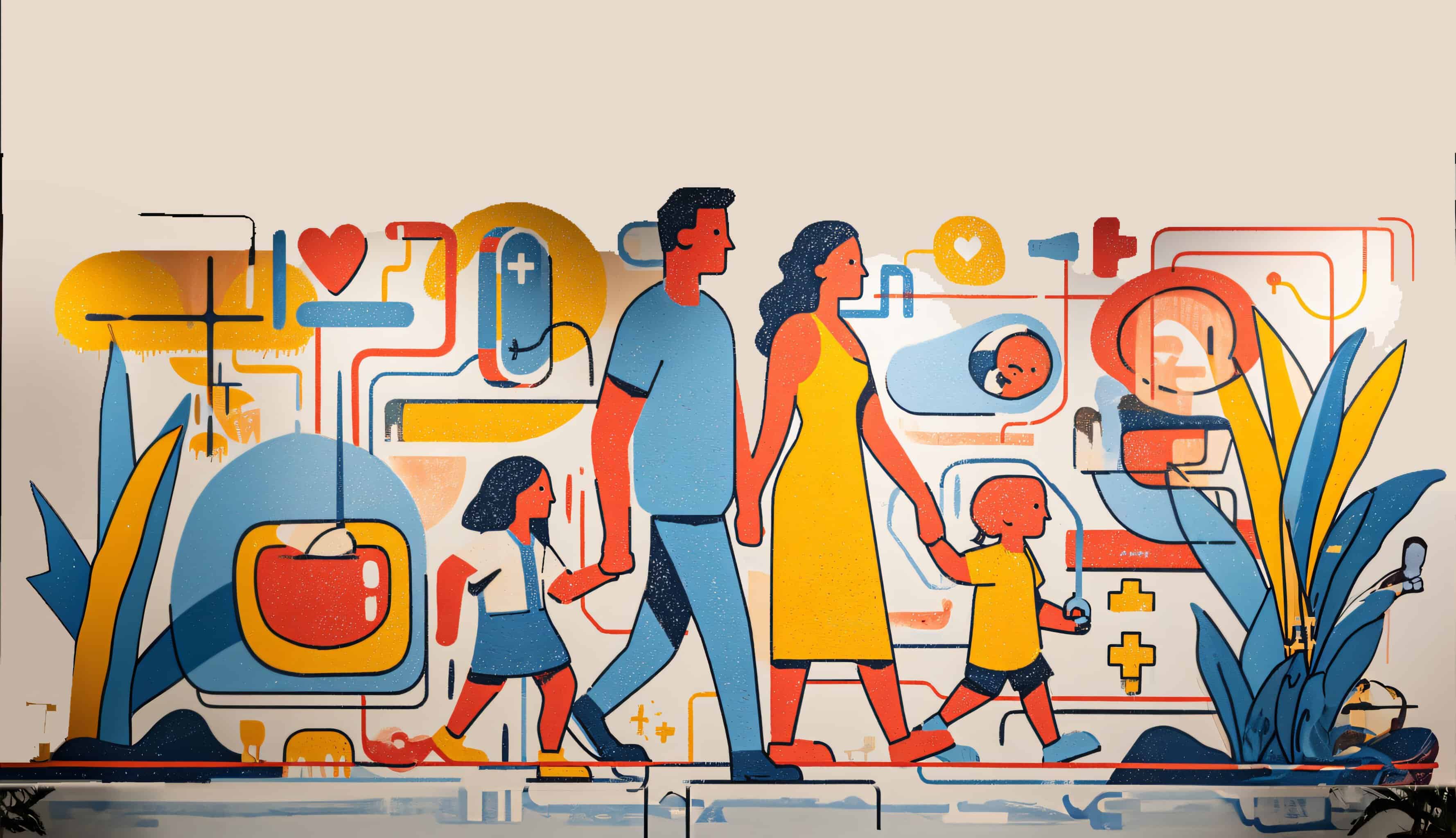 A mural by artist Rigo León at PassQual Health showing an illustrated family walking together with a heart motif